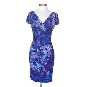 LAUREN Ralph Lauren Purple Blue Floral V-neck Jersey Dress Size 4 Flutter Sleeve